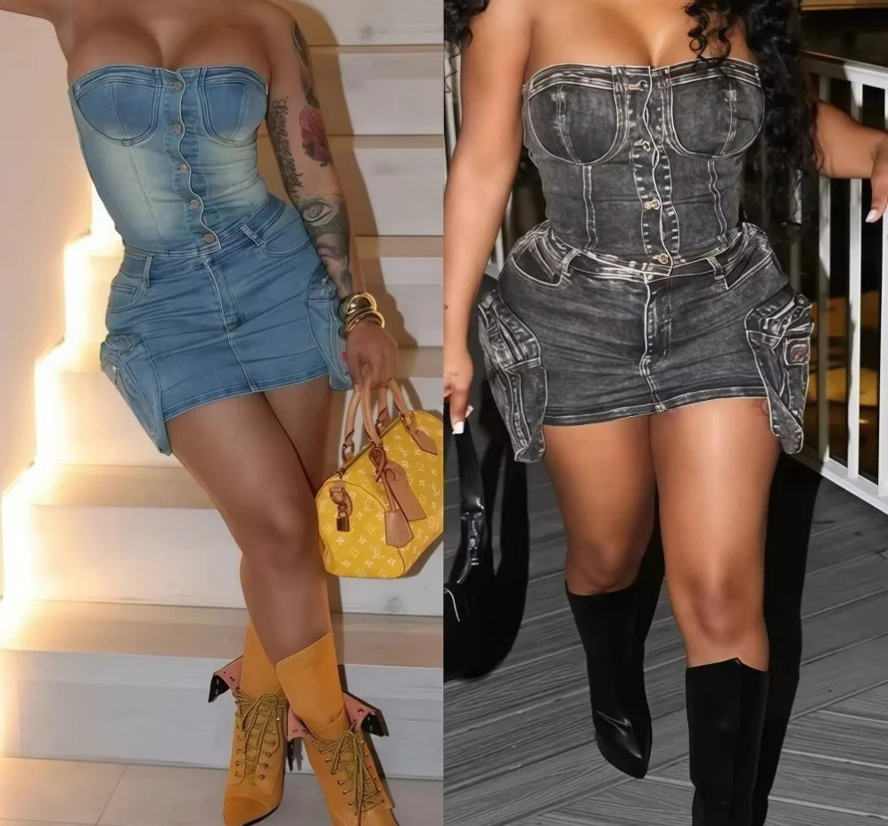 Strapless Denim Women's Sleeveless Backless Crop Tube Top + Bodycon Streetwear Mini Jean Skirt 2-Piece Set