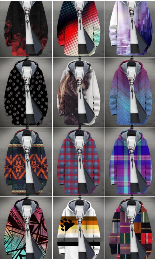 Men's Colorblock/Plaid/Camo/Abstract/Bohemian  Digital Print Velvet 3/4 Length Hip-Hop Hoodie Jacket to 4X Big & Tall