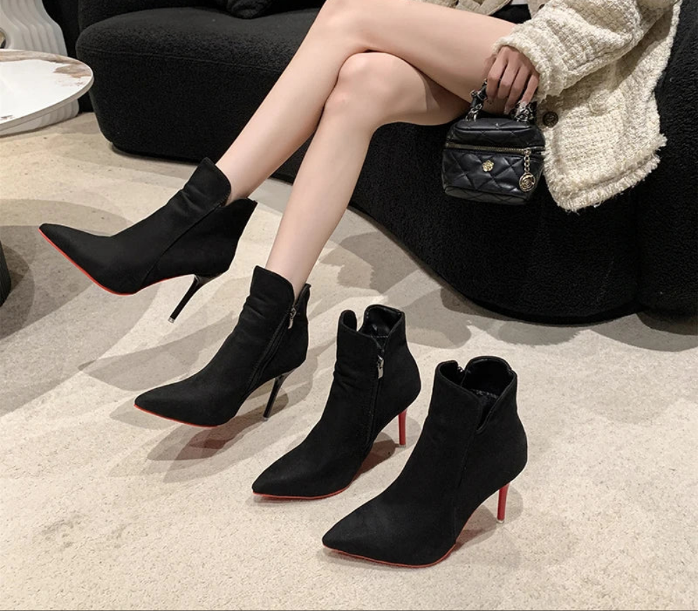 Red Bottom 10cm Stiletto Heels Zipper Back Women's Flock Ankle Boots