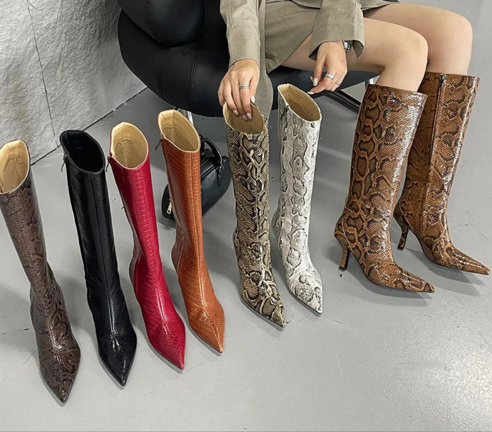 PU Leather Snake/Leopard/Croc Print Pointed Toe Knee High Zipper Boots