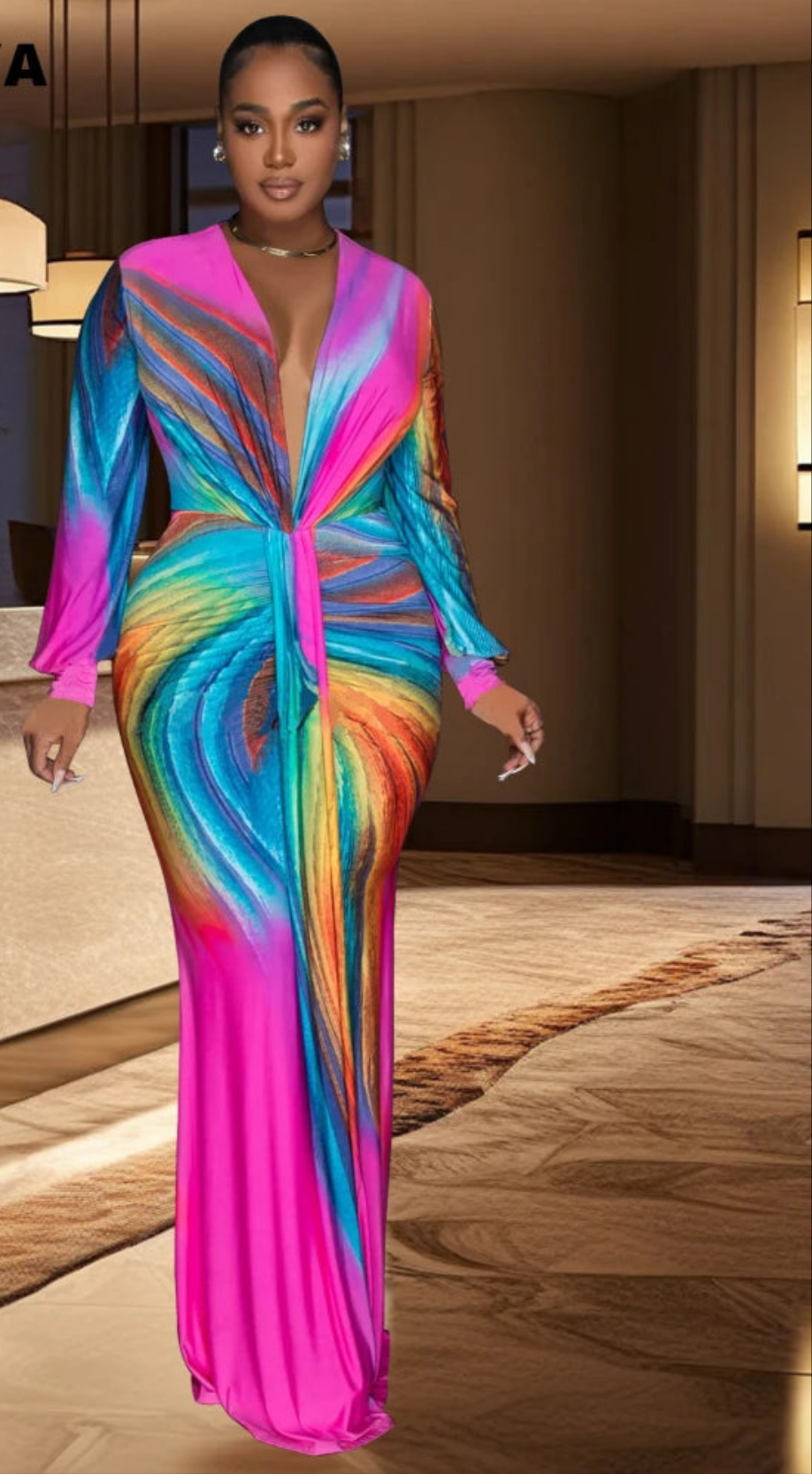 Rainbow Colorblock Gradient V-Neck Long Sleeve Maxi Ruched Maxi Dress