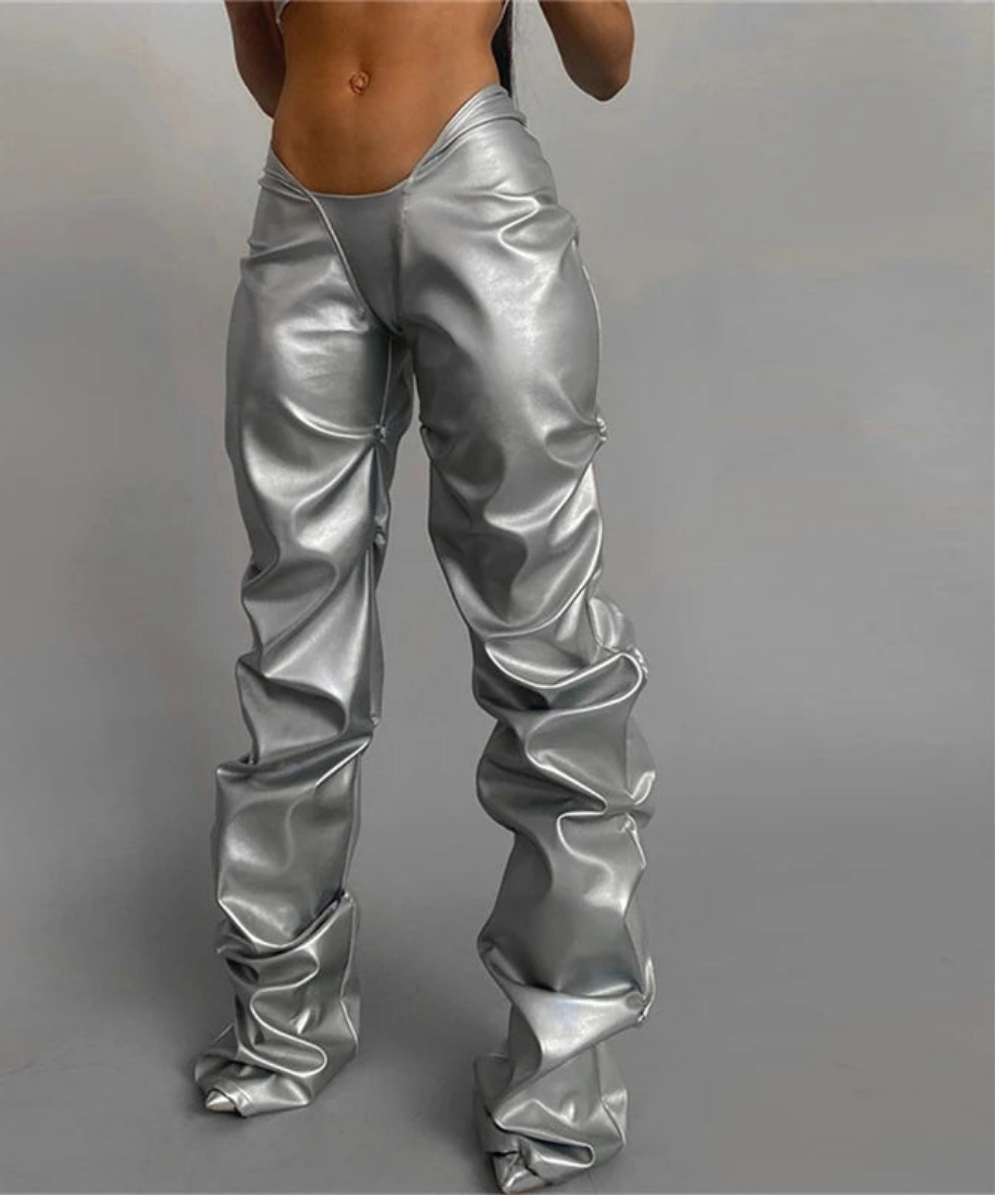 Metallic Silver PU Leather Stacked Pleated Low Elastic Waist Skinny Pants