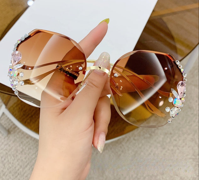 Ombre Gradient Rimless Vintage Bling Rhinestone Women's Sunglasses