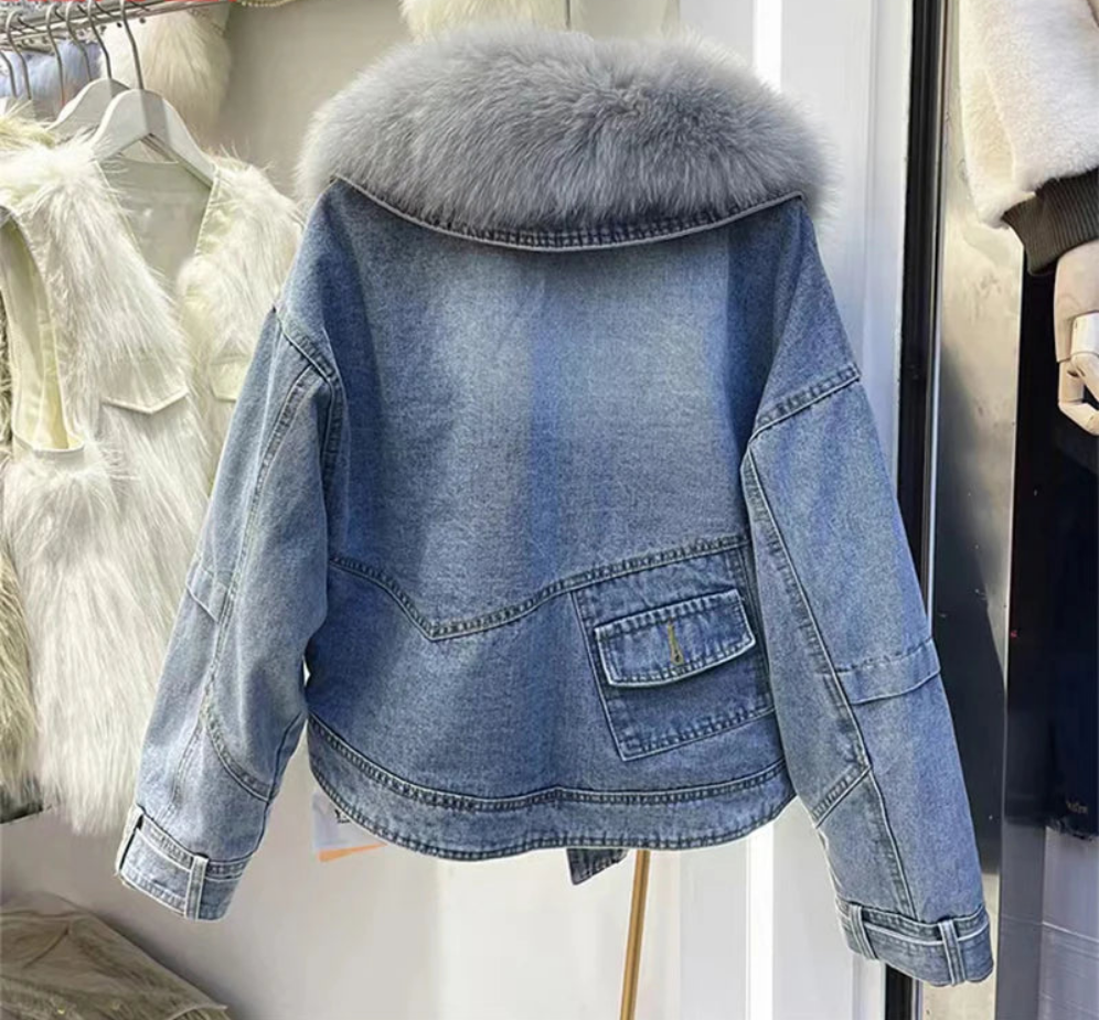 Denim Oversized 100% Real Fox Fur Collar Short Women's Goose Down Puffer Jean Jacket