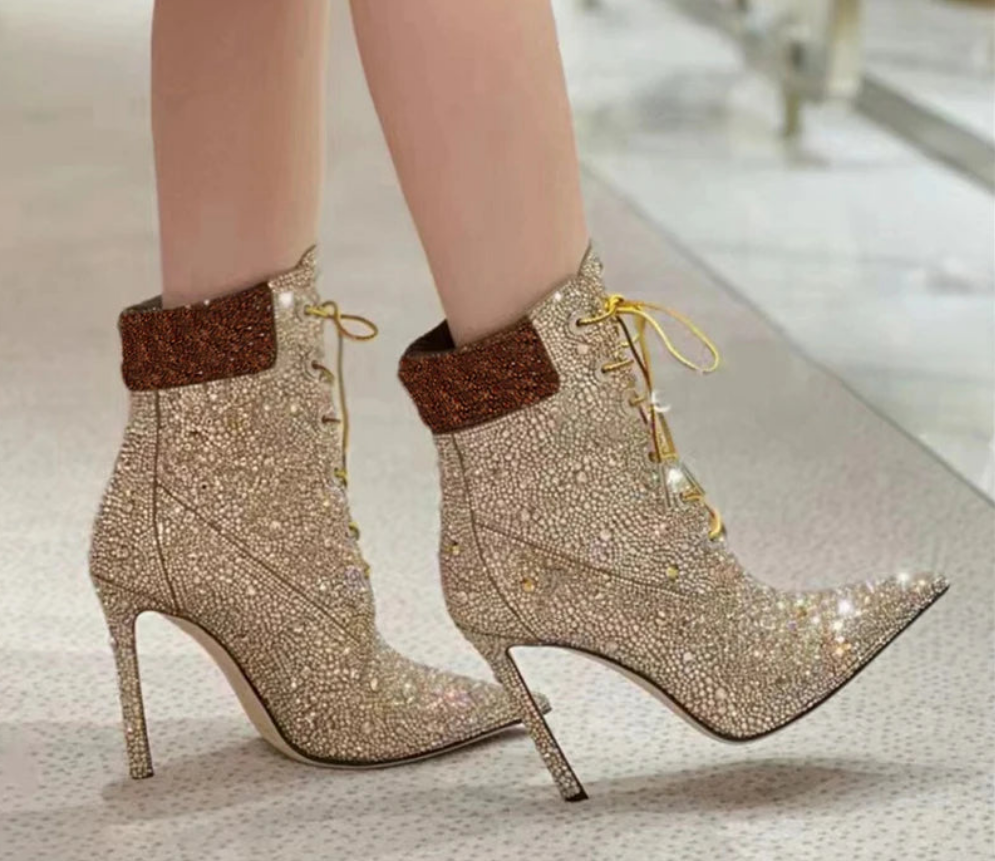 Sparkling Crystal Rhinestone Embellished Pointed Toe Stiletto Heel Lace-Up Women's Ankle Boots