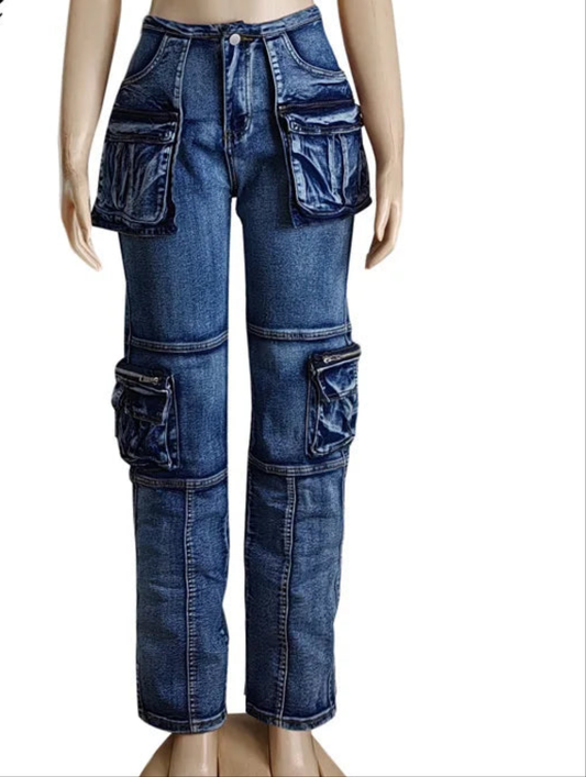 Denim Y2K Wide Leg Multi Pocket Streetwear Patchwork Stretch Women's Cargo Jeans