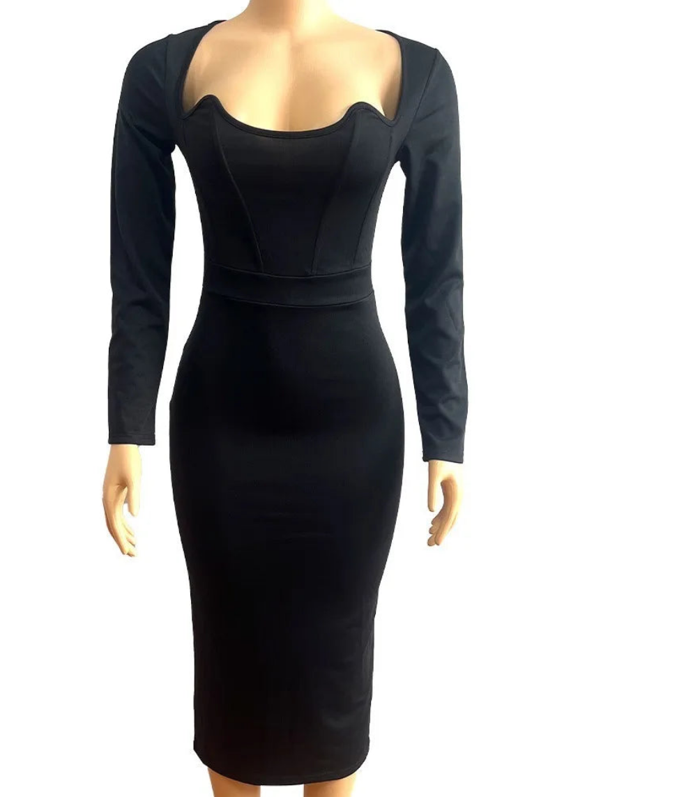 Corset Top French Bone Shape Design Solid Color Bodycon Midi O-Neck Long Sleeve Skinny Maxi Party Dress