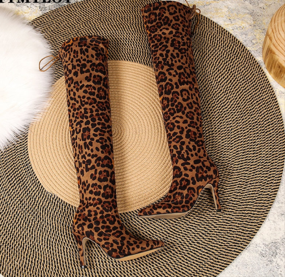 Leopard/Solid Printed Over-the-Knee Pointed Toe Stretch Fabric Ladies Boots