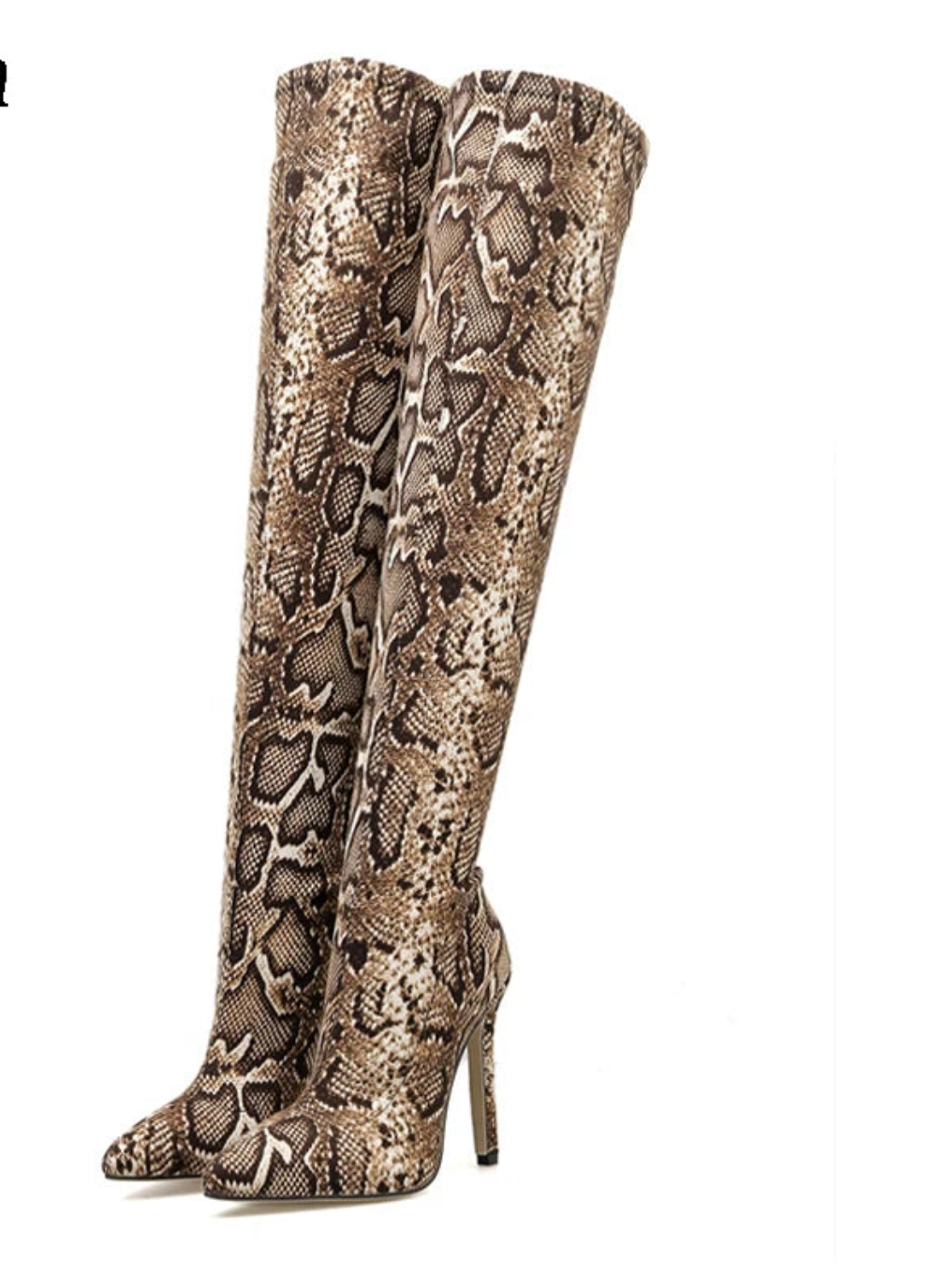 Leopard Grain Serpentine Pointed Toe Thigh High Over-the-Knee Stiletto Heel Stretch Boots