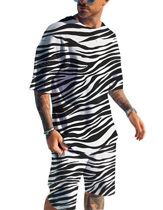 Men's Leopard/Zebra Print Short Sleeve T-Shirt + Drawstring Shorts 2-Piece Set