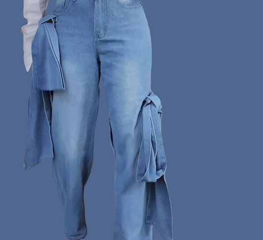 Irregular Denim Oversized Rose Bowstrap Design Women's Streetwear Zipper Fly Wide Leg Jeans