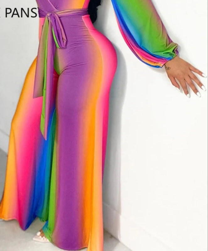 Rainbow Ombre Colorblock Long Sleeve Sash Belt Jumpsuit