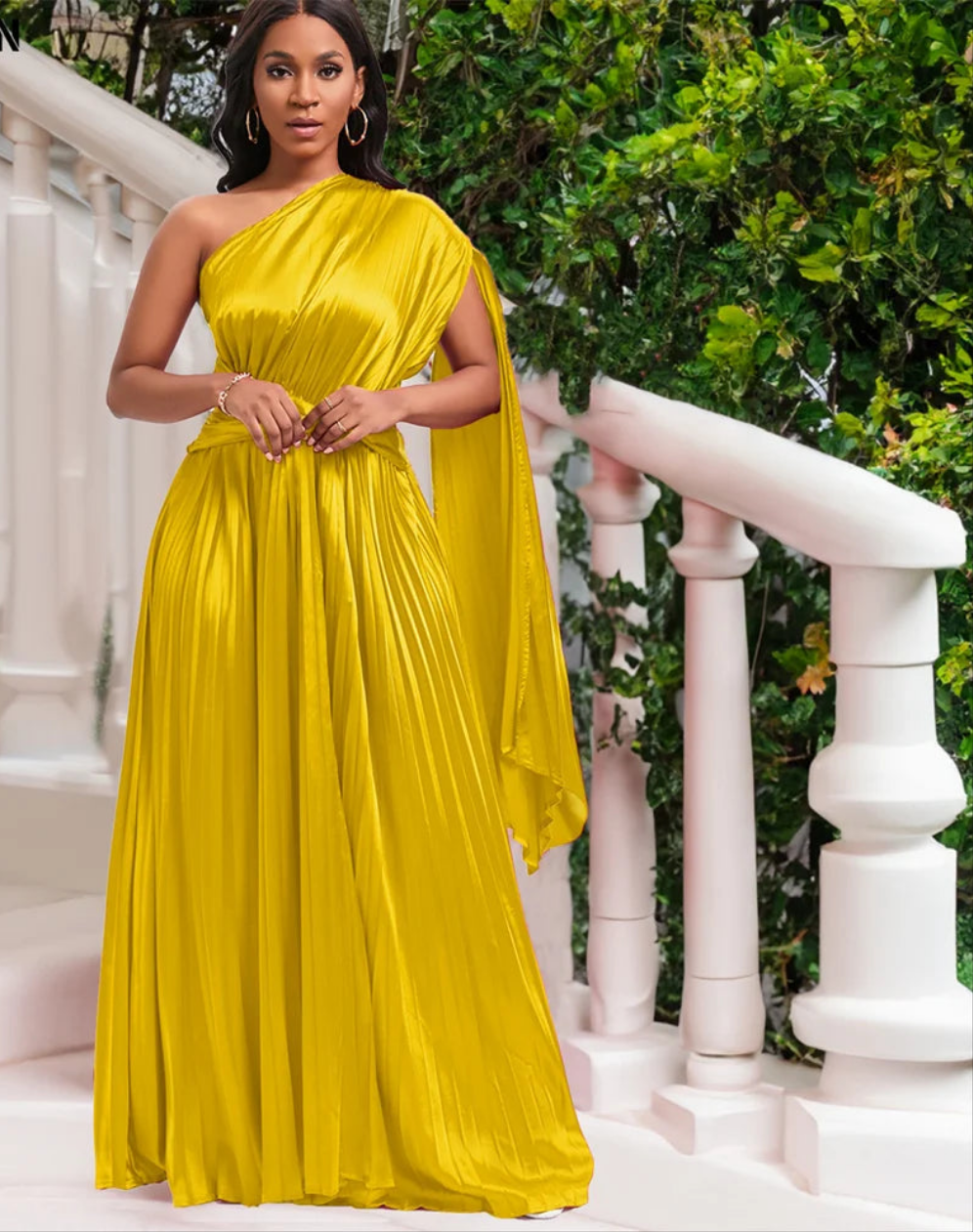 Satin Asymmetrical Ruched Waist Pleated One Sleeve Formal Maxi Dress to 3X Plus Size