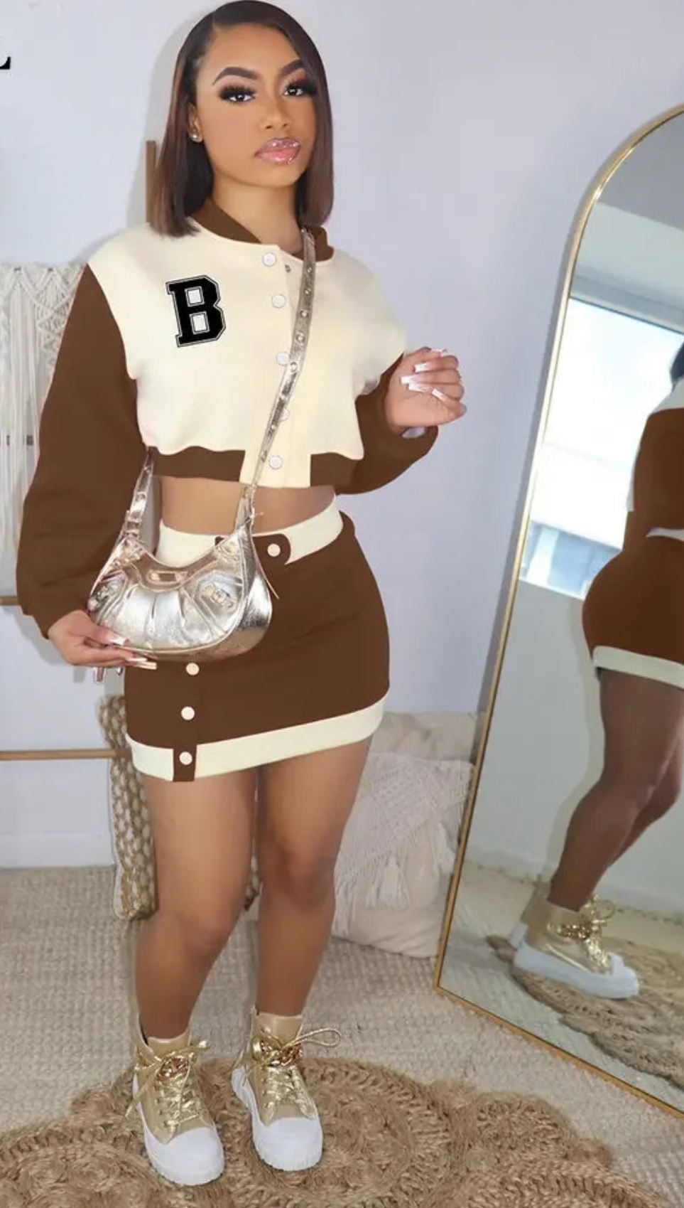 Letter "B" or "G" Print Long Sleeve Button Up Crop Women's Letterman's Jacket + Elastic Waist Mini Skirt 2-Piece Set