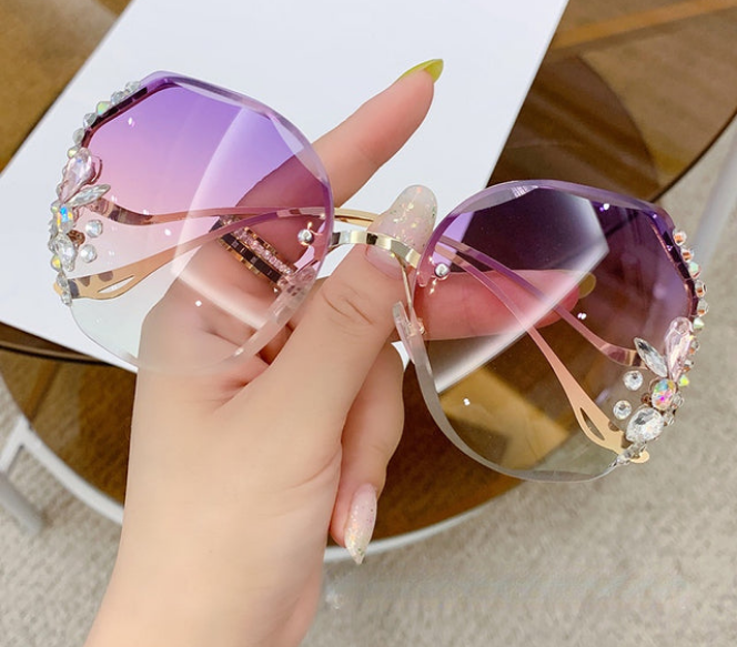 Ombre Gradient Rimless Vintage Bling Rhinestone Women's Sunglasses