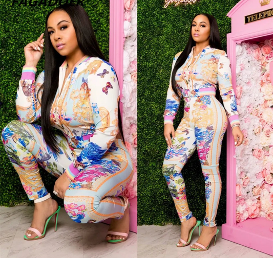 Floral Baroque Pastel Paisley Long Sleeve Blouse + Bodycon Leggings Women's 2-Piece Set