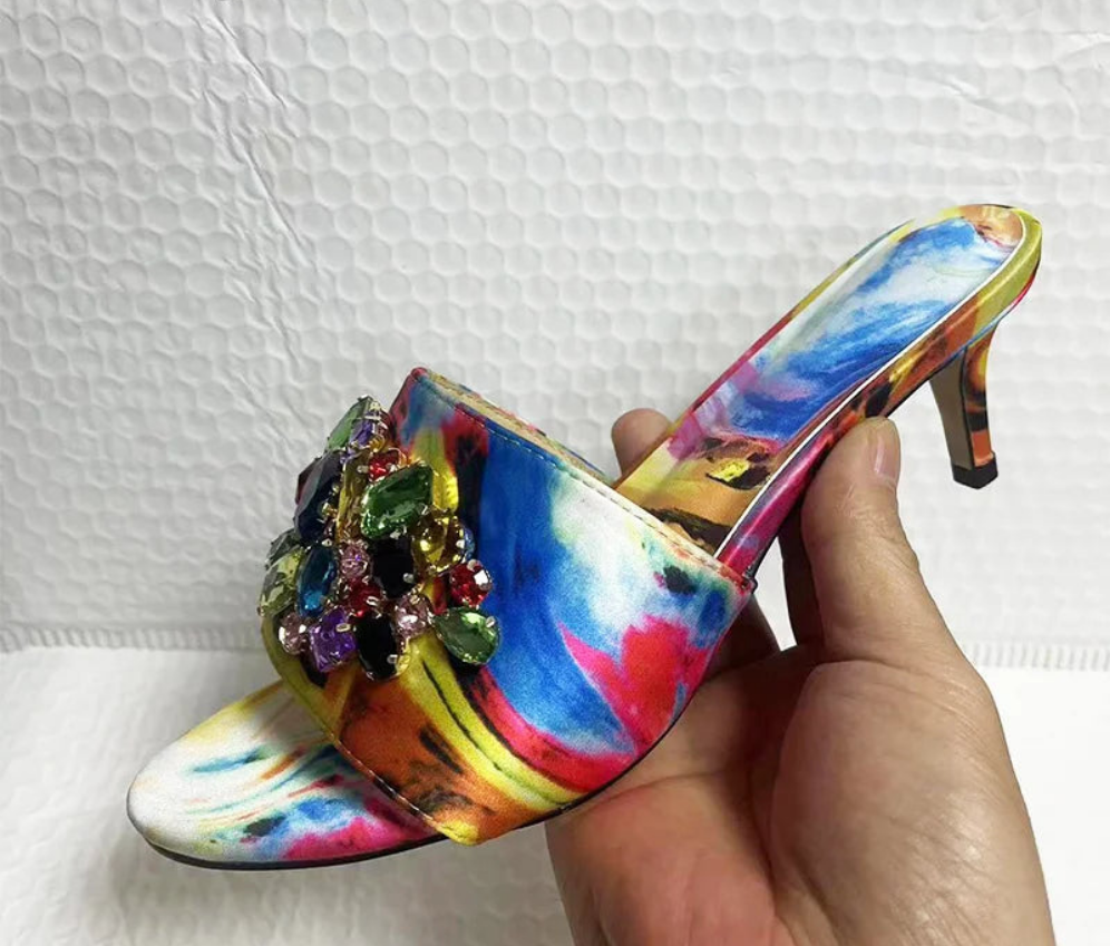 Baroque Print Rhinestone Designer Women's Open Toe Stiletto Slipper Sandals