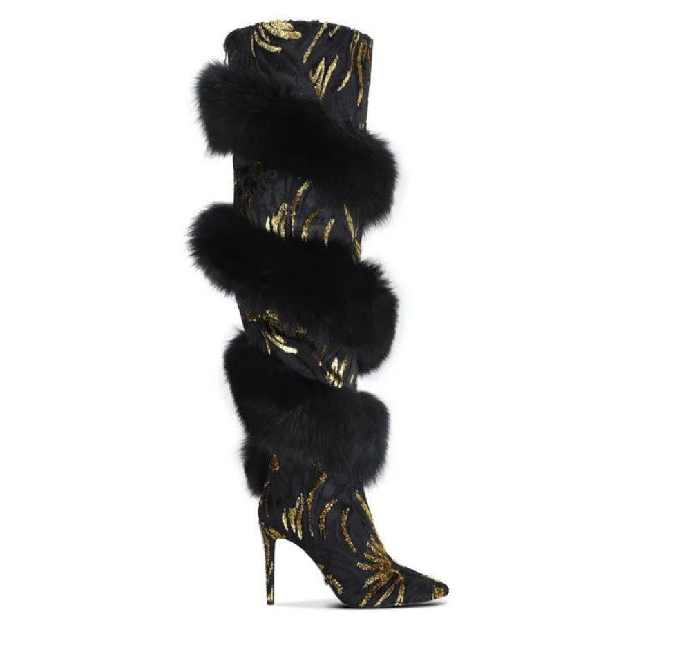 Zebra Metallic Glitter Gold/Black Print Faux Fur Over-the-Knee Pointed Toe Thin High Heel Thigh High Slip-On Boots