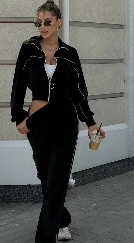Velvet Solid Color Zipper Lapel Jacket + Wide Leg Sweatpants Women's Tracksuit