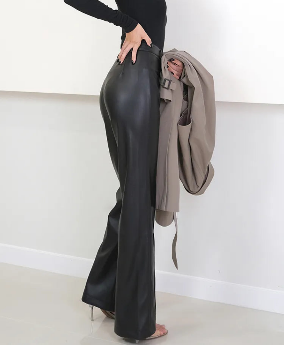 Black Soft Faux PU Leather High Waist Women's Trouser Pants