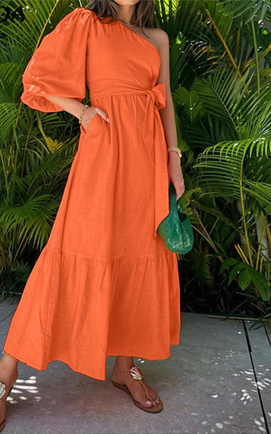 Bohemian Asymmetrical Solid Color One Shoulder Bandage 3/4 Sleeve Ruffled Maxi Dress to 5X