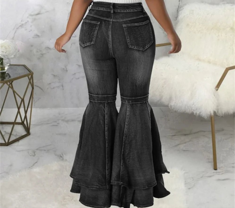 Denim Spliced Layered Flared Women's Stretch Bootcut Wide Leg Bellbottom Jeans