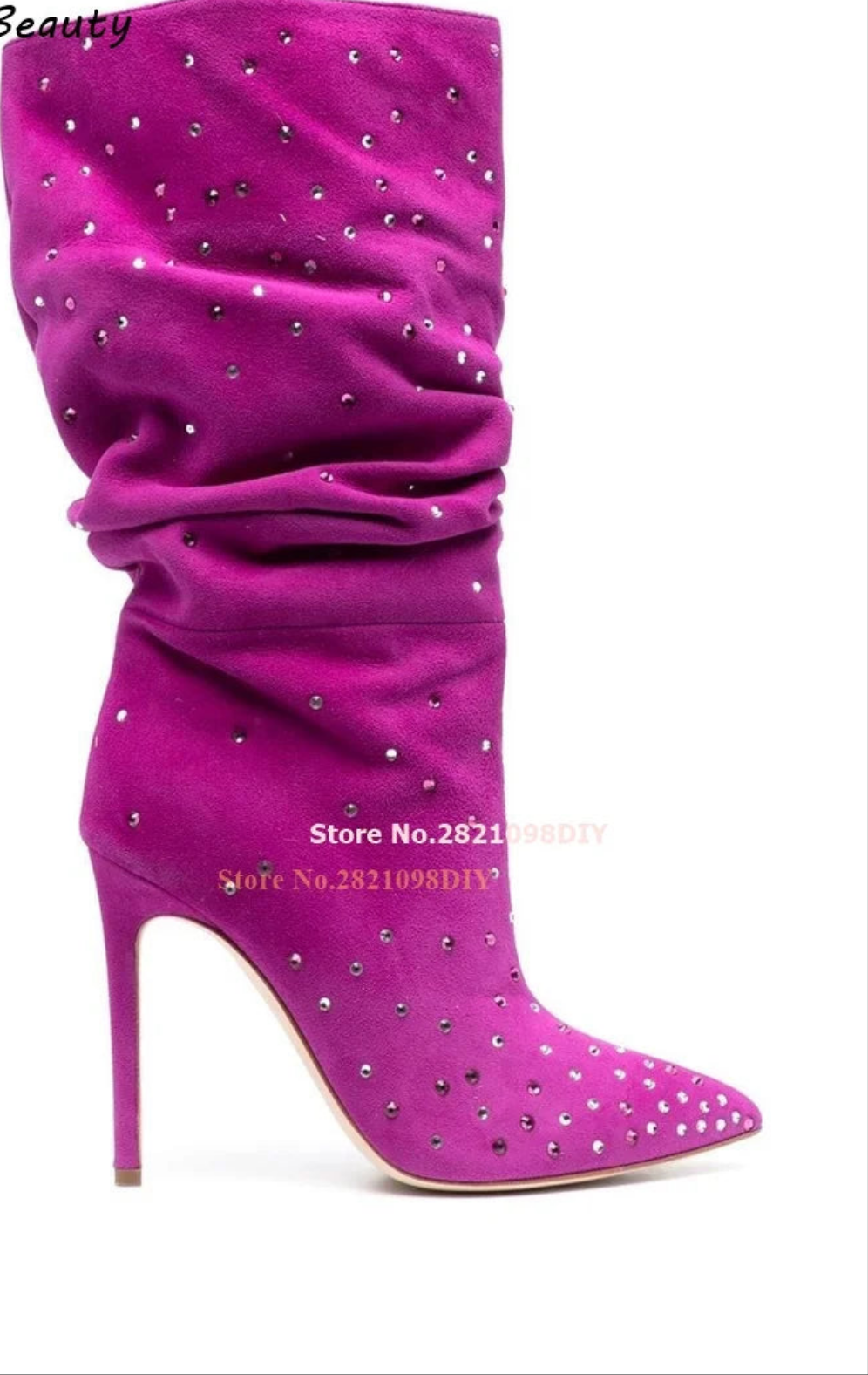 Ruched Rhinestone Embellished Solid Color Suede Crystal Thin Stiletto Heel Women's Ankle Boots