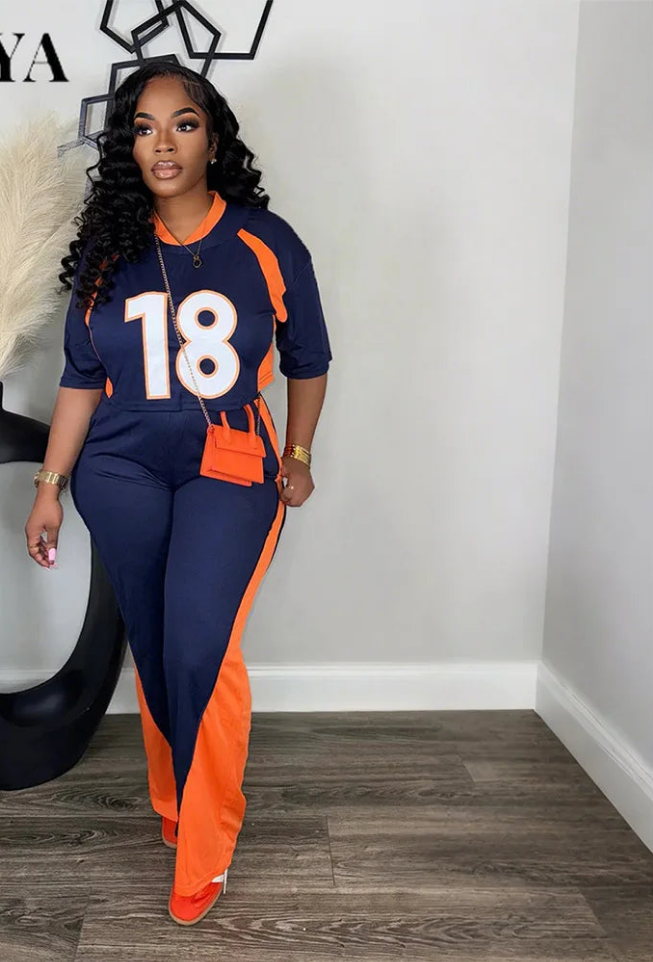 Blue/Orange Women's Number Print Short Sleeve O-Neck Jersey Top + Colorblock Wide Leg Pants 2-Piece Sets