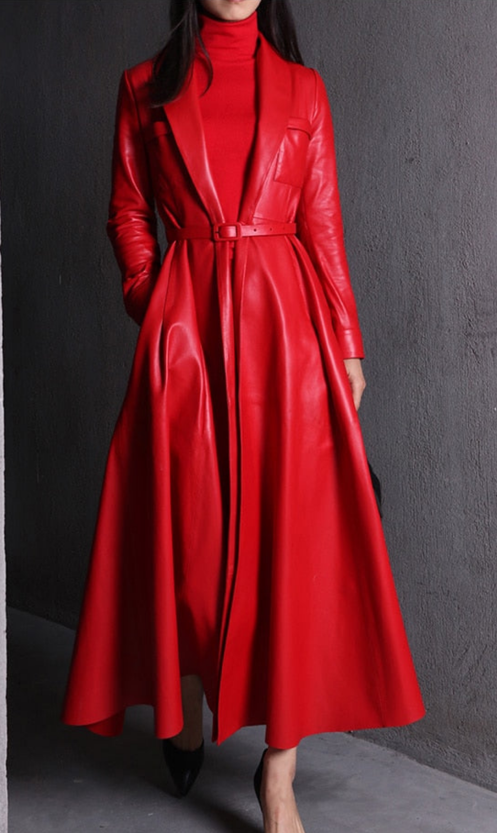 Pocketed Solid Color PU Leather Skirted Trench Coat Dress w/Belt to 7X Plus Size