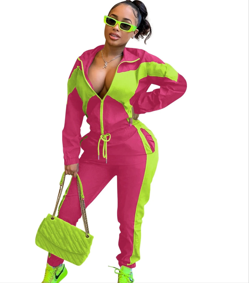 Colorblock Women's Turn-Down Collar Zipper Sweat Jacket + Elastic Waist Sweatpants Tracksuit