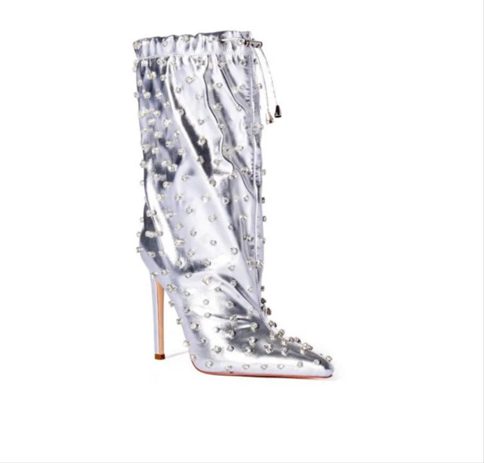 Silver Metallic Crystal Embellished Drawstring High Heel Pointed Toe Leather Women's Ankle Boots