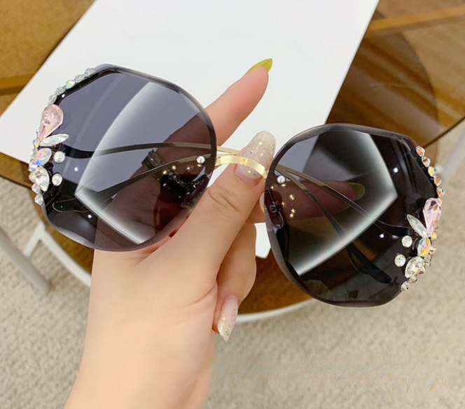 Ombre Gradient Rimless Vintage Bling Rhinestone Women's Sunglasses