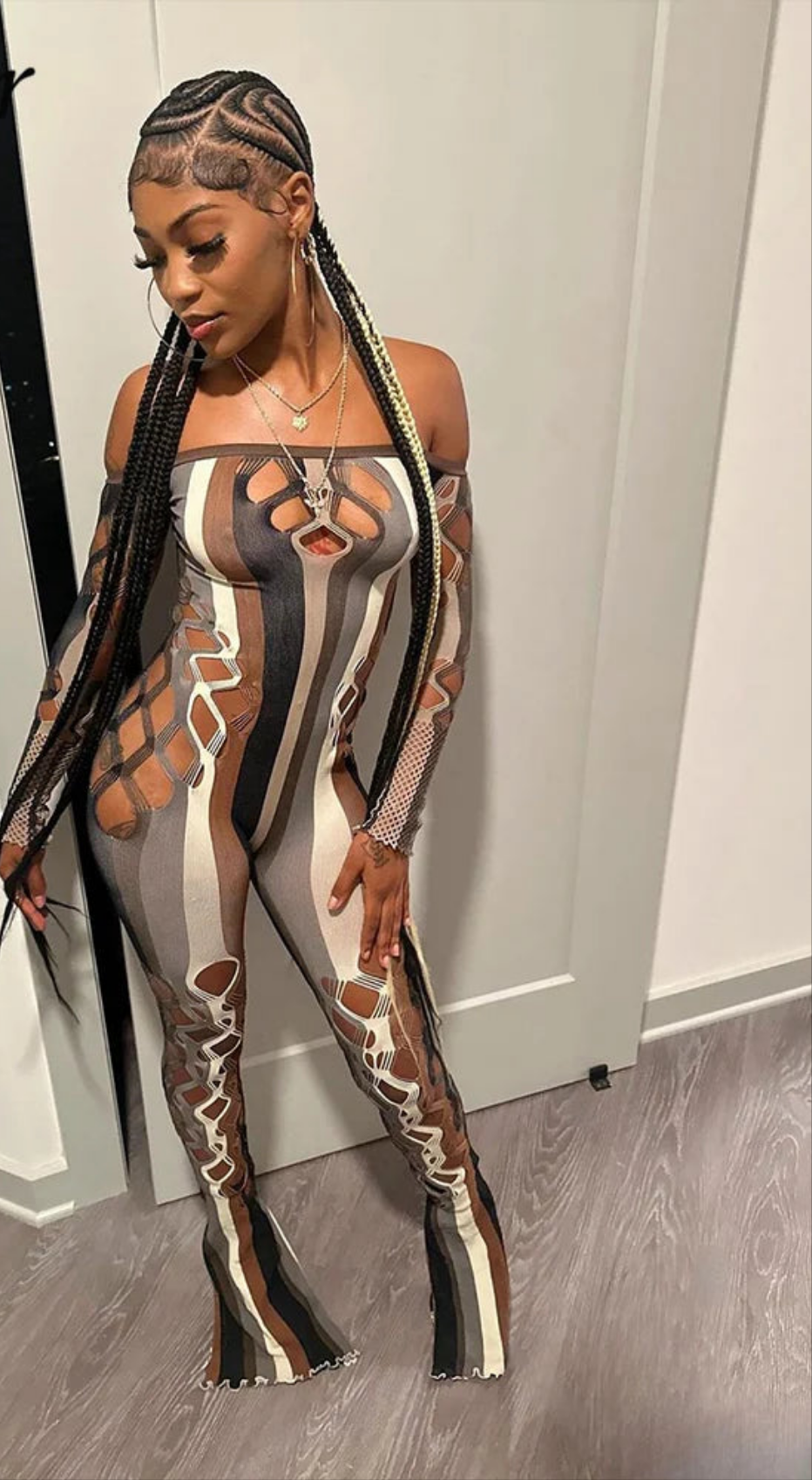 Off-the-Shoulder Colorblock Striped Fishnet Pattern Long Sleeve Women's Jumpsuit