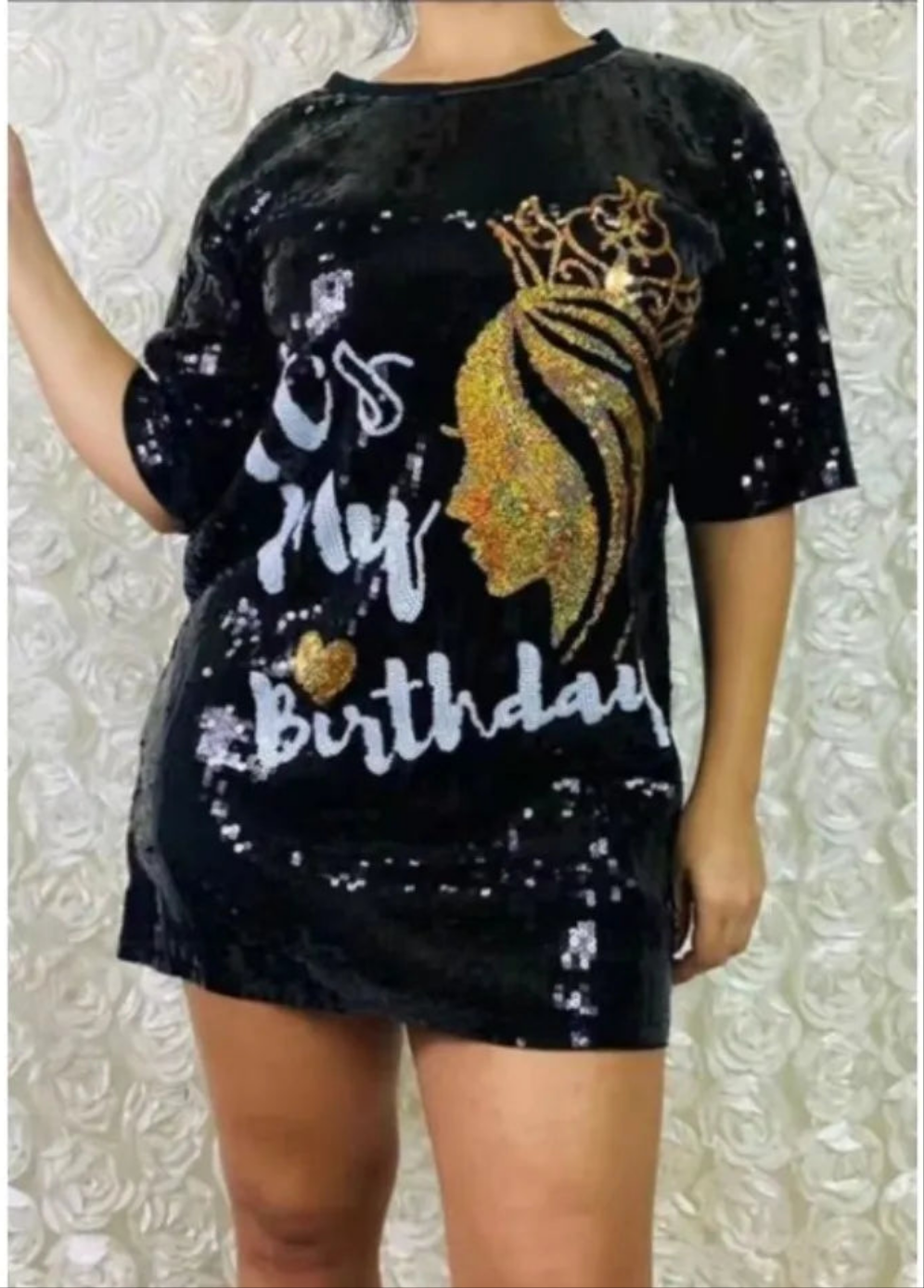 "Birthday Girl, It's My Birthday, Birthday Queen-Black Sequin Letter Print O-Neck Short Sleeve  Streetwear Mini T-Shirt Dress