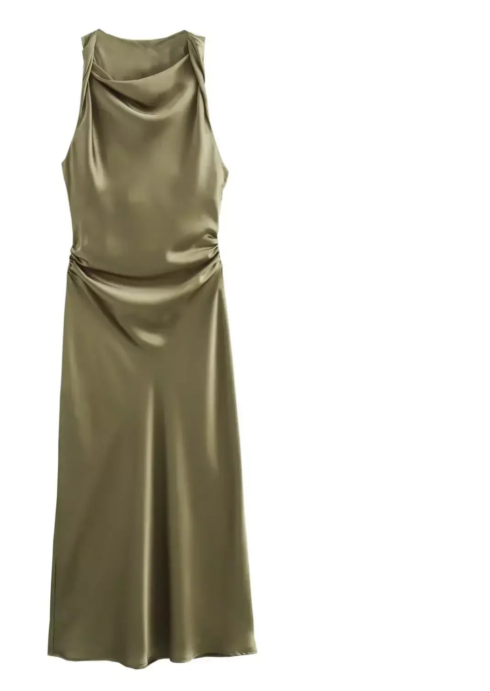 Satin Ruched Pleated Solid Color Sleeveless O-Neck Long Dress