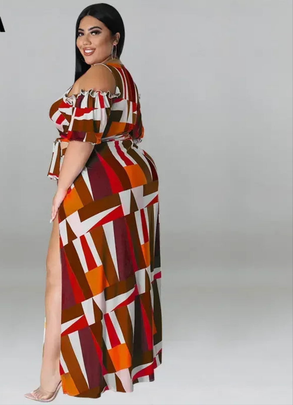 Geometric Design Short Sleeve V-Neck Crop Top + Double High Slit Maxi Skirt 2-Piece Sets