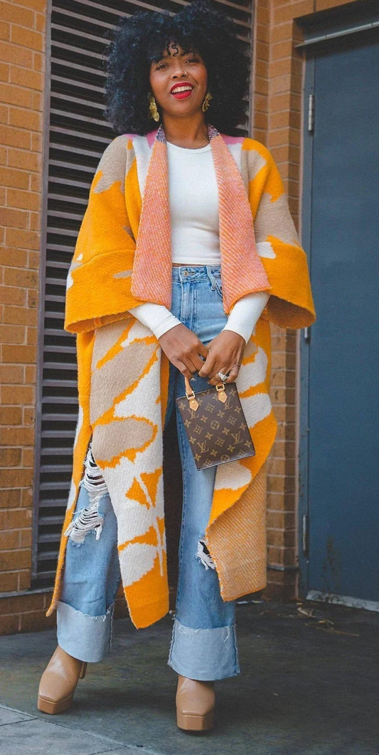 Big Flower Print 3/4 Length Flared Sleeve Open Stitch High Slit Oversized Cardigan Maxi Sweater