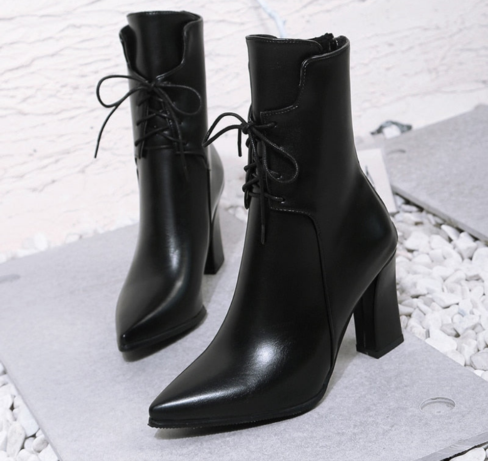 Shiny Patent Leather Solid Color Women's Lace-Up Square Platform Heel Ankle Boots