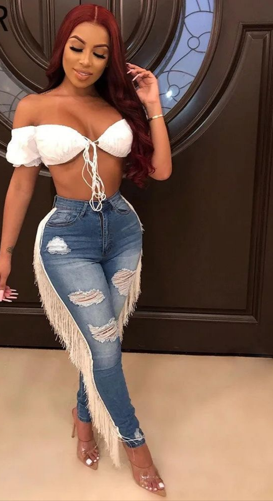 Denim Ripped Hole Tassel Fringe Design Women's High Waist Skinny Cowgirl Jeans to 3X Plus Size