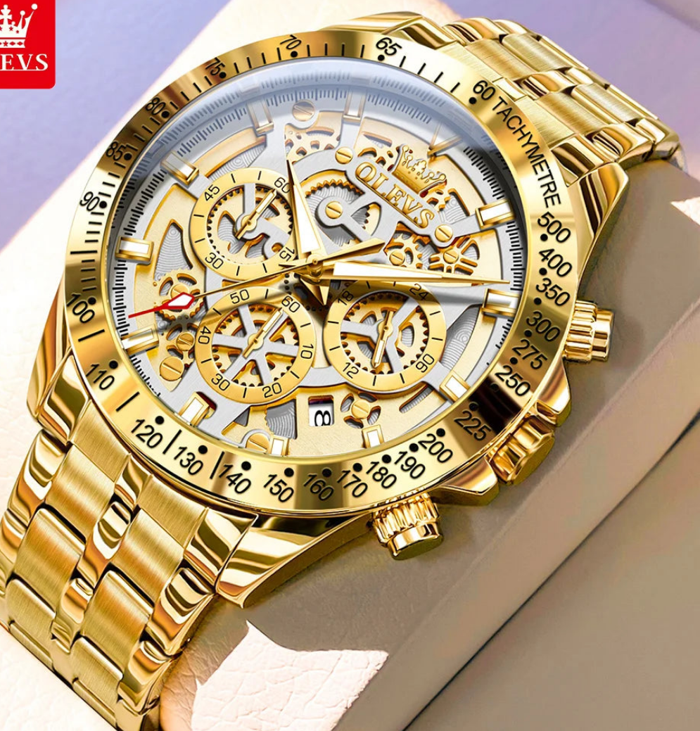 Men's Gold Stainless steel Chronograph Waterproof Luminous Quartz Watch