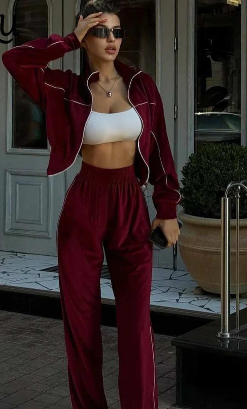 Velvet Solid Color Zipper Lapel Jacket + Wide Leg Sweatpants Women's Tracksuit
