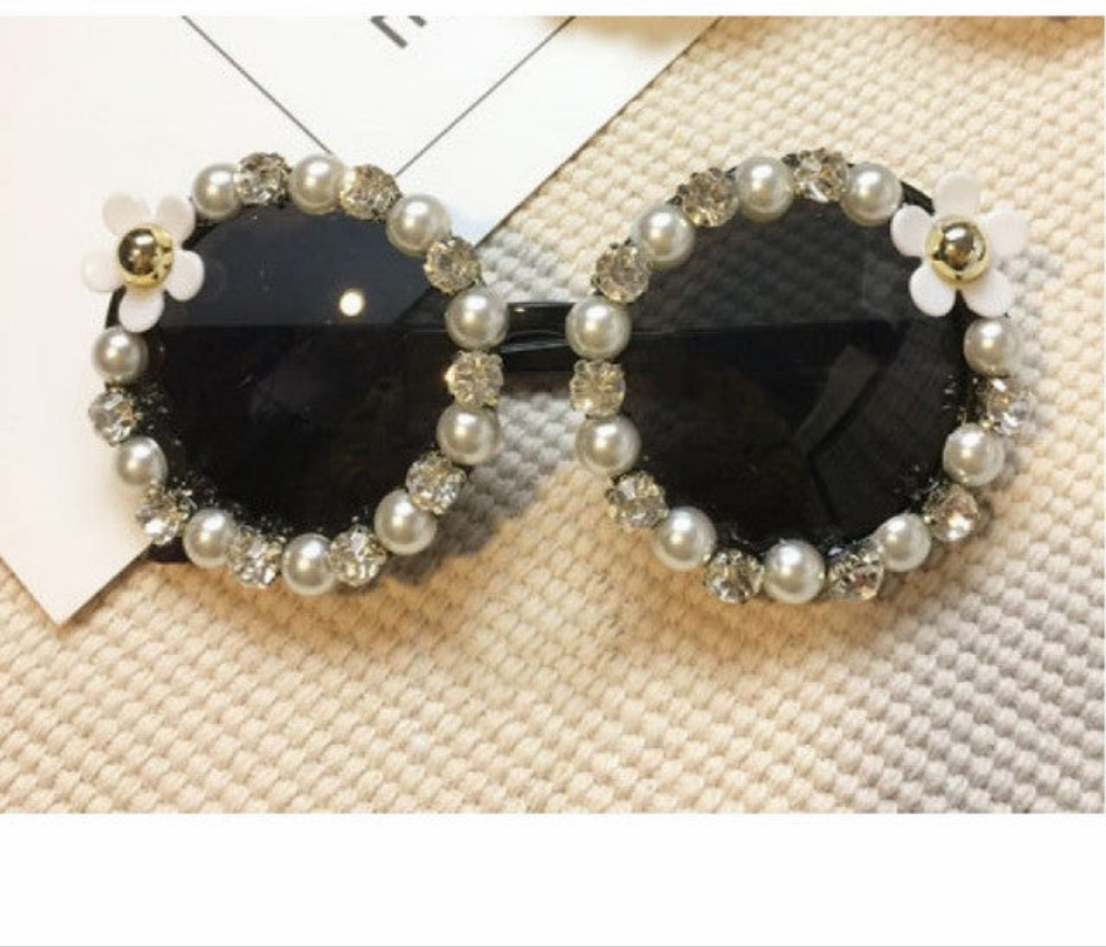 Embellished Round Crystal Diamond Pearl Handmade UV400 Mirror Lens Flower Sunglasses