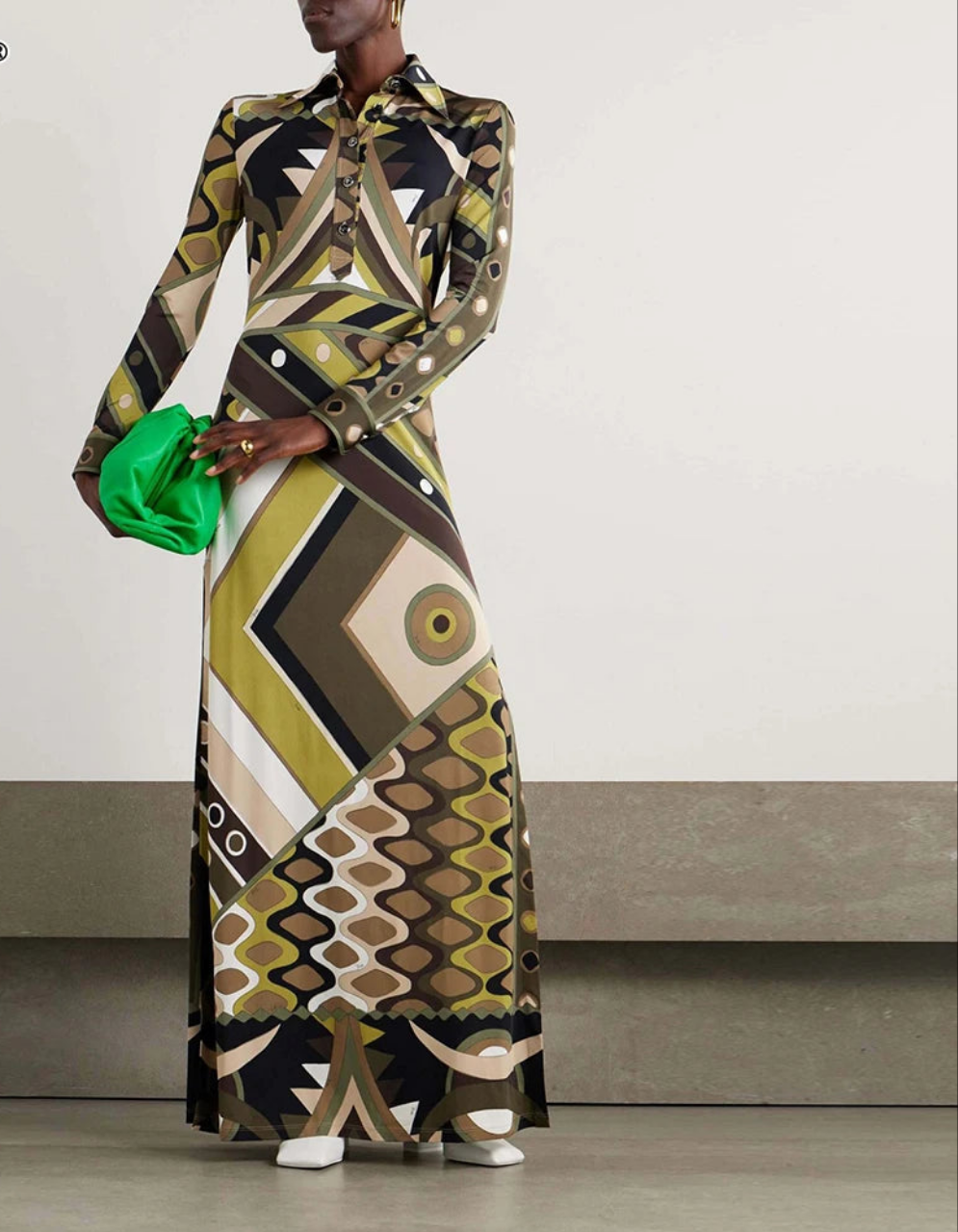 Geometric Print Turn-Down Collar Hollow-Out Long Sleeve High Waist Spliced Button-Up Maxi Dress