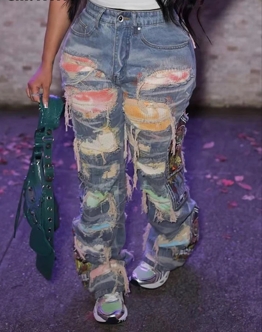 Patchwork Ripped Cut-Out Tassel Fringe Streetwear Denim Women's Holey High Waist Zipper Fly Skinny Jeans