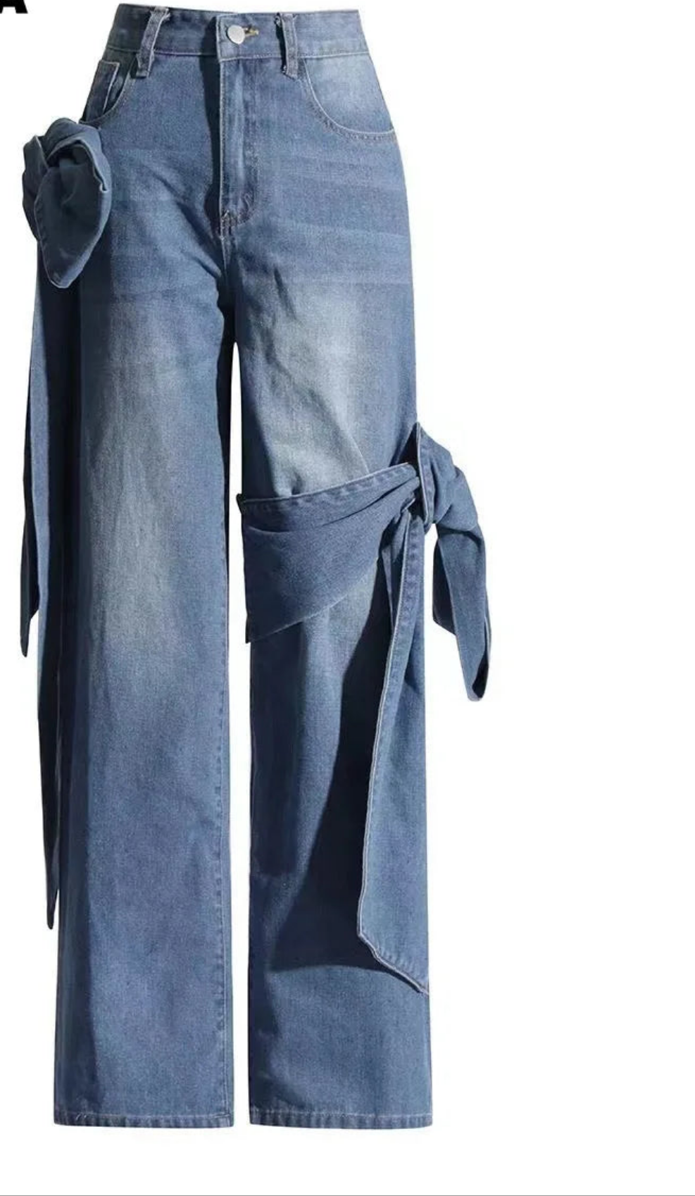 Irregular Denim Oversized Rose Bowstrap Design Women's Streetwear Zipper Fly Wide Leg Jeans