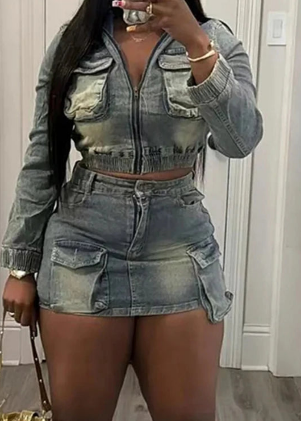 Retro Denim Women's Cargo Pocketed Patchwork Zipper Jacket + Streetwear Mini Jean Skirt 2-Piece Set