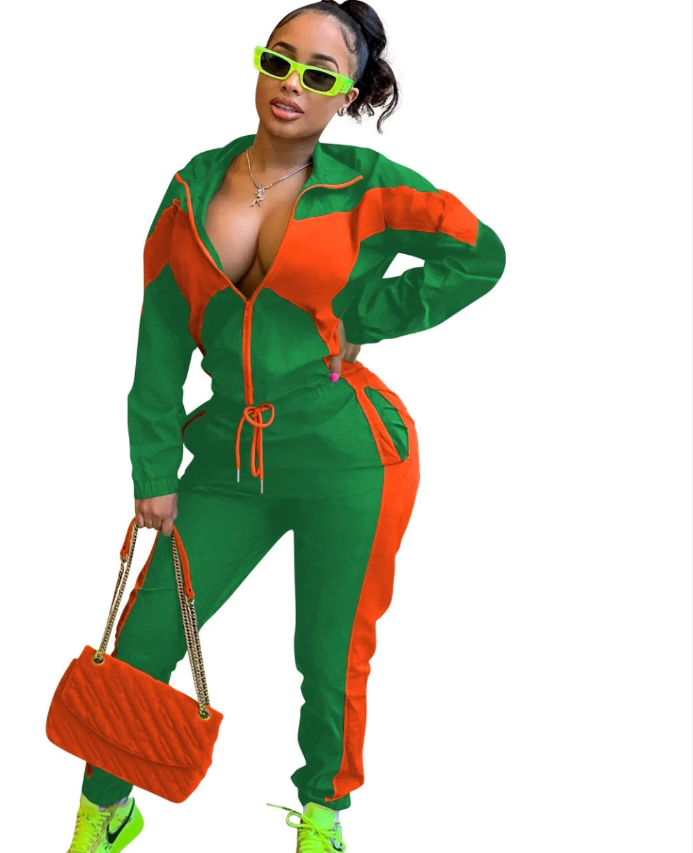 Colorblock Women's Turn-Down Collar Zipper Sweat Jacket + Elastic Waist Sweatpants Tracksuit