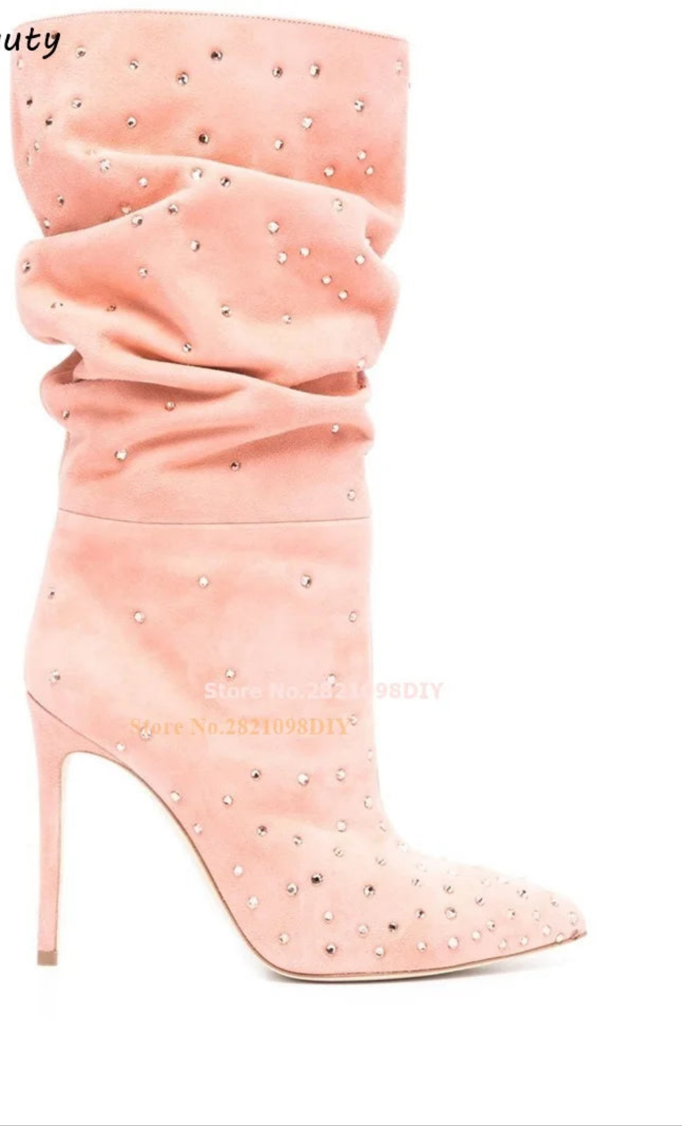 Ruched Rhinestone Embellished Solid Color Suede Crystal Thin Stiletto Heel Women's Ankle Boots