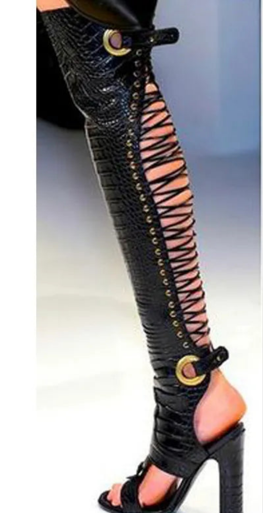 Crocodile Pattern Open Toe Lace-Up Back Cut-Out Gladiator  Over-The-Knee Sandal Boots