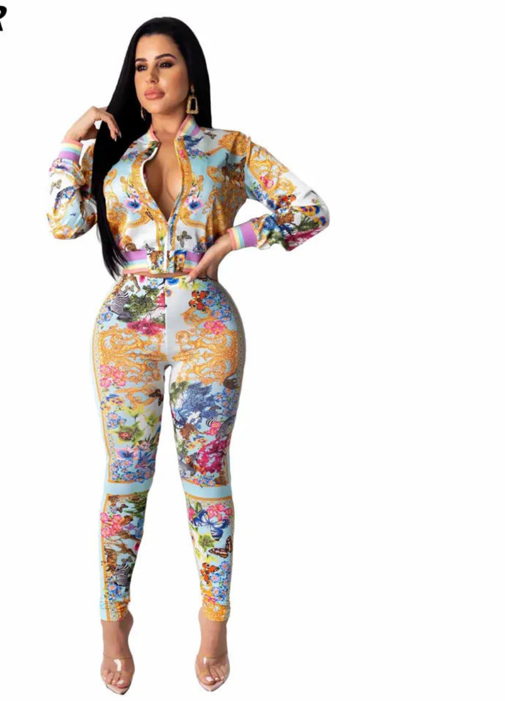 Floral Baroque Pastel Paisley Long Sleeve Blouse + Bodycon Leggings Women's 2-Piece Set